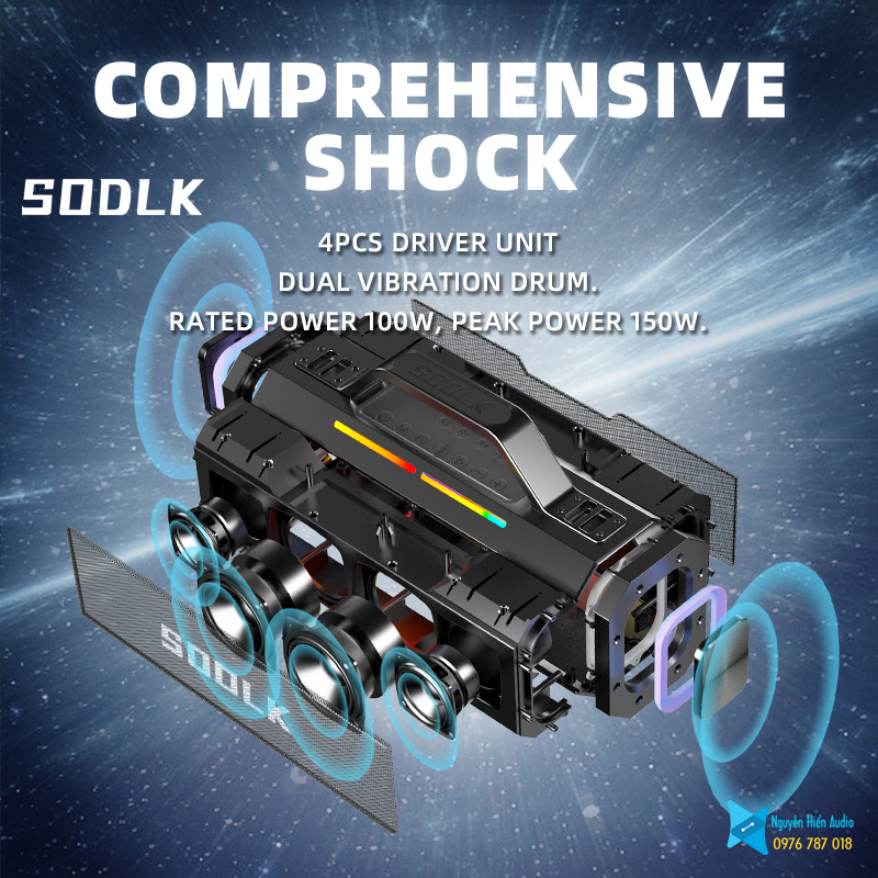 Loa SODLK S520 di động bluetooth 5.0 siêu trầm 150W, karaoke chuyên nghiệp, đèn RGB