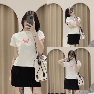 Áo thun cotton mịn butterfly tay ngắn cổ tròn ôm body, thun co giãn, form baby tee - gunn