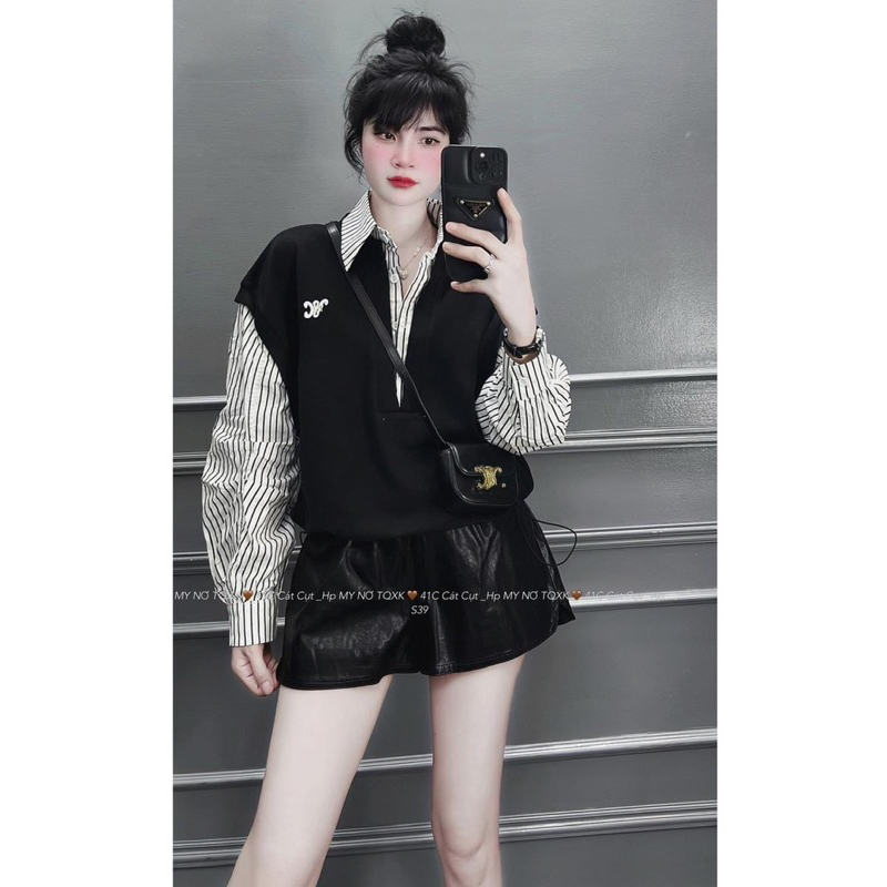 Siêu phẩm Áo Sơ mi kẻ Bo rút dây mix Gile Form đẹp thuê Lôgo