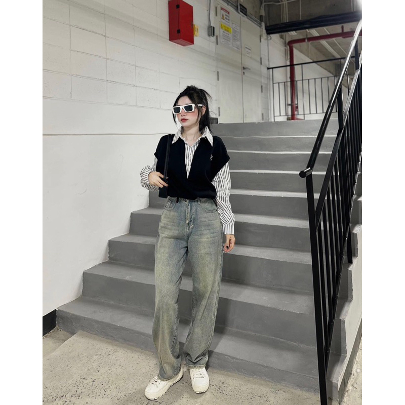 Siêu phẩm Áo Sơ mi kẻ Bo rút dây mix Gile Form đẹp thuê Lôgo