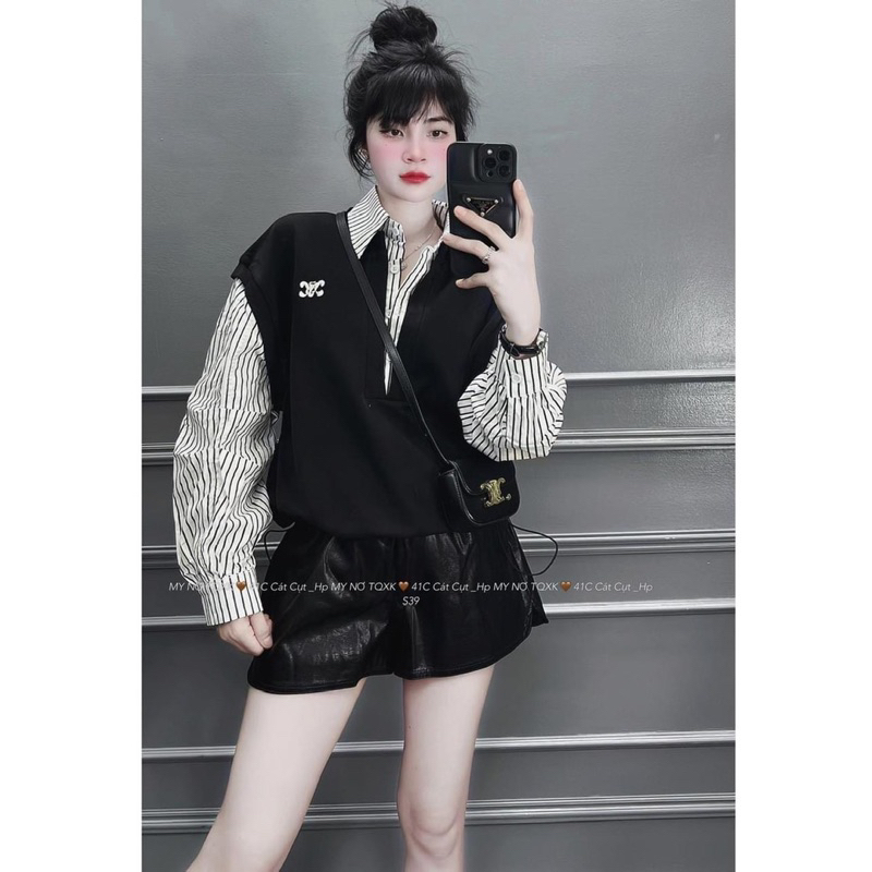 Siêu phẩm Áo Sơ mi kẻ Bo rút dây mix Gile Form đẹp thuê Lôgo