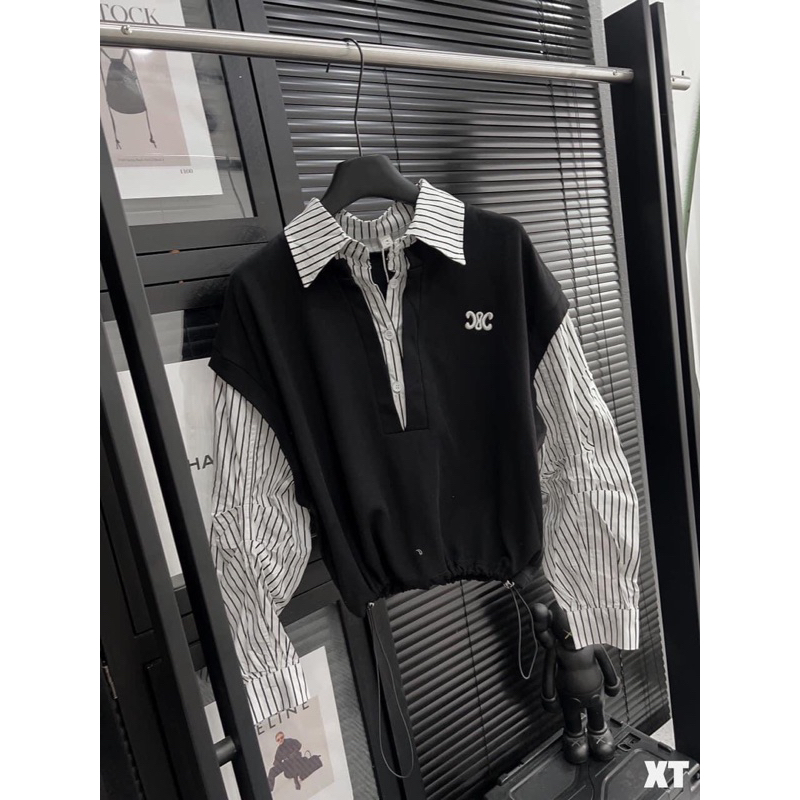 Siêu phẩm Áo Sơ mi kẻ Bo rút dây mix Gile Form đẹp thuê Lôgo