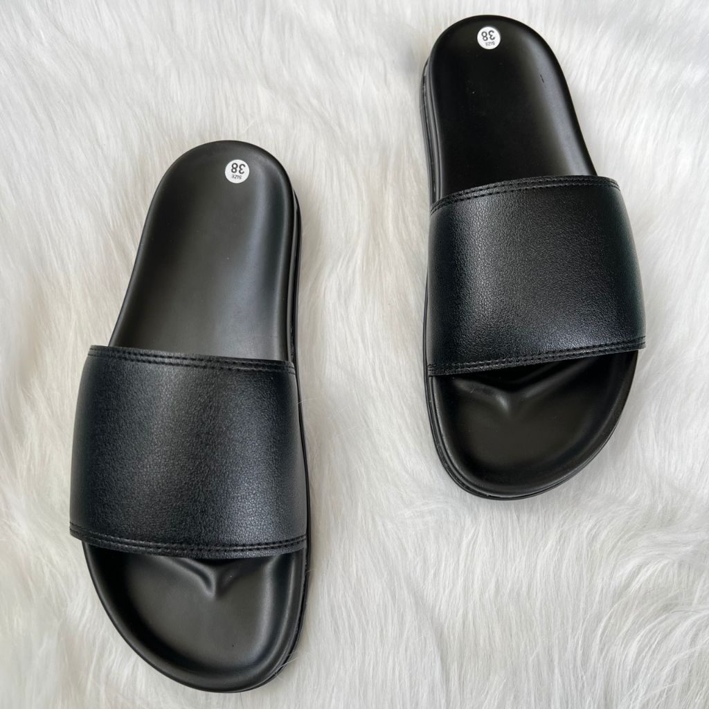 Dép da nam quai ngang màu đen da tấm đế 2 lớp cao cấp tinh tế đơn giản êm ái sang trọng