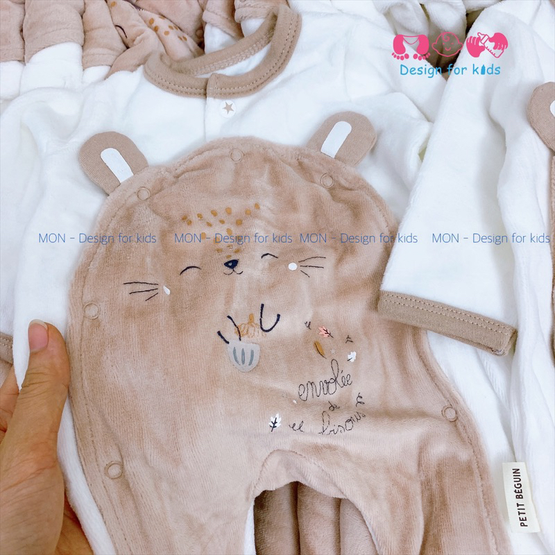 Sleepsuit nỉ hãngg Petit.Beguin xuất dư bộ body dài tay liền tất nỉ băng lông xinh yêu cho bé sơ sinh s