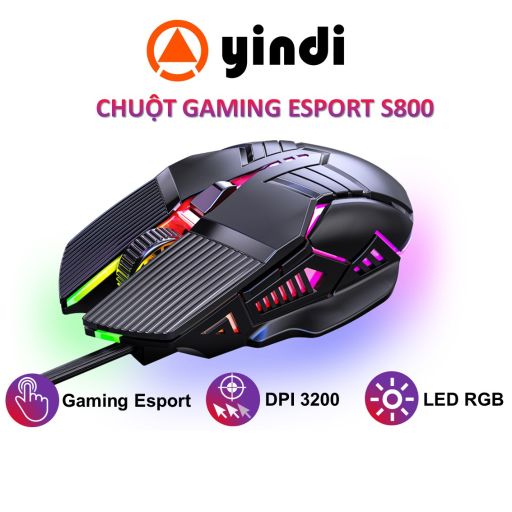 Chuột máy tính có dây YINDIAO S800 gaming chơi game công thái học 6 nút bấm LED RGB điều chỉnh DPI giá rẻ cho laptop PC