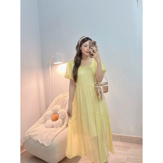 Đầm thiết kế cổ vuông phối tay bồng