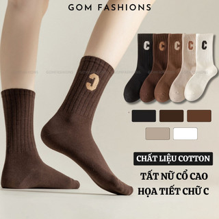 Tất nam nữ cổ cao GOMTAT hoạ tiết chữ C, chất liệu cotton dày dặn êm chân, thông thoáng  -PO-COCAO-C-3012-1DOI