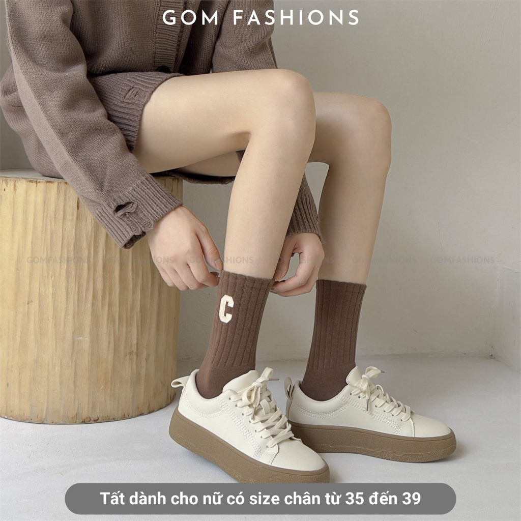 Tất nam nữ cổ cao GOMTAT hoạ tiết chữ C, chất liệu cotton dày dặn êm chân, thông thoáng  -PO-COCAO-C-3012-1DOI