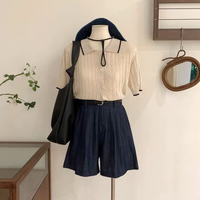 Áo len POLO công sở nữ ngắn tay viền đen có cổ vải mongtoghi kiểu dáng Hàn Quốc, chuẩn hàng Quảng Châu loại 1.