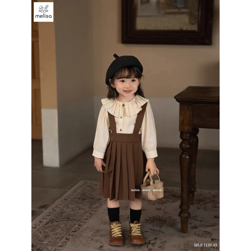 Set áo sơ mi kèm váy yếm nâu tây Melisa