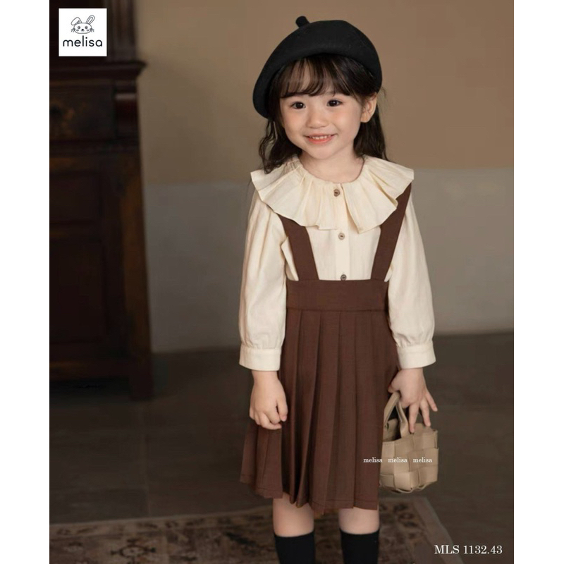 Set áo sơ mi kèm váy yếm nâu tây Melisa