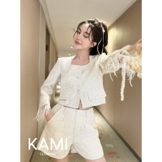 (ẢNH THẬT) Set dạ KAMI Sleek Chic tay phối lông vũ, Set áo dạ kim sa tweed nữ dáng crop quần short sang chảnh thu đông