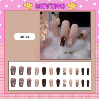 Móng tay giả đính nơ Mivino nail giả dài màu đỏ mận phong cách Pháp sang chảnh MG42
