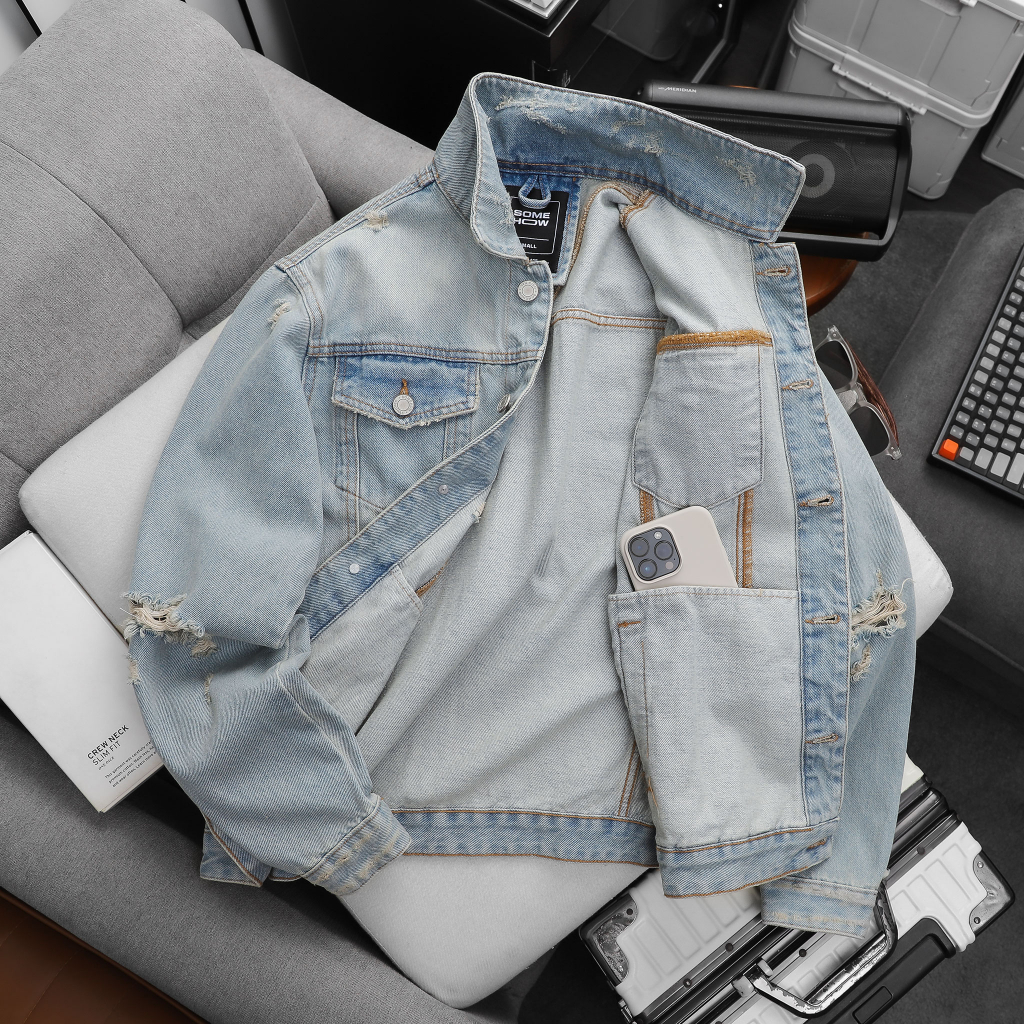 Áo Khoác Jean Distressed Blue Label, Chất Vải Jean Thoải Mái, AK0042, SOMEHOW