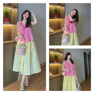 [Có sẵn] Set áo hồng cổ tròn xếp ngực + chân váy vàng dài xoè có túi