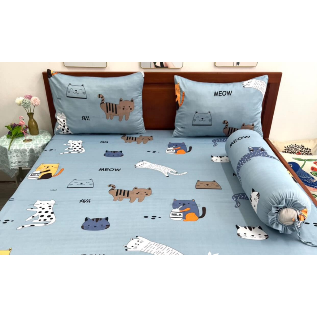 Set Ga Giường Gối Happy Drap Mẫu Mèo Siêu Đáng Yêu
