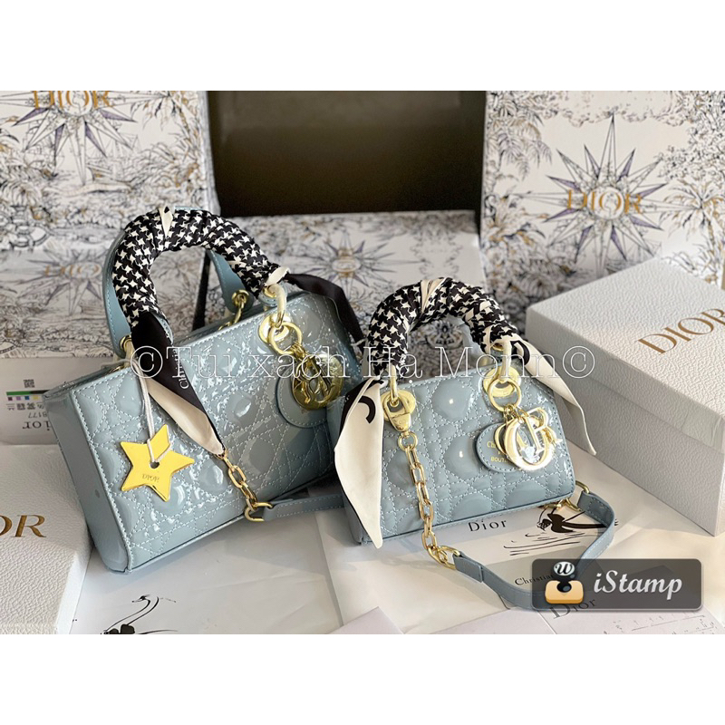 Túi xách D da bóng dáng ngang kèm khăn và sao