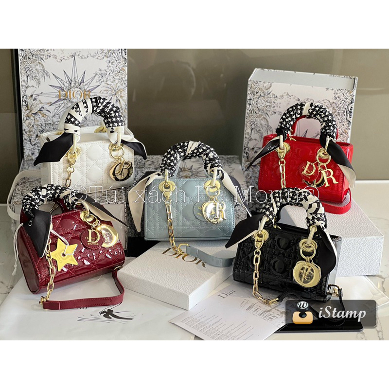 Túi xách D da bóng dáng ngang kèm khăn và sao