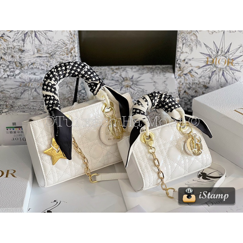 Túi xách D da bóng dáng ngang kèm khăn và sao