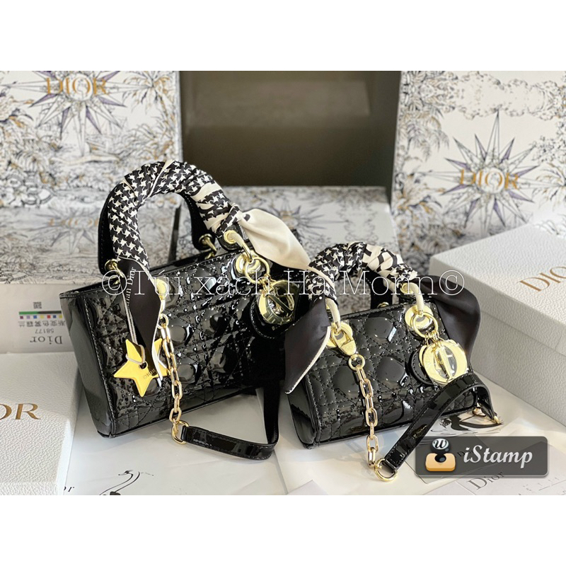 Túi xách D da bóng dáng ngang kèm khăn và sao