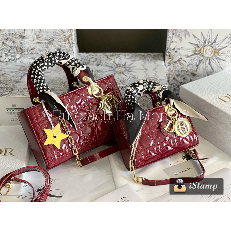 Túi xách D da bóng dáng ngang kèm khăn và sao