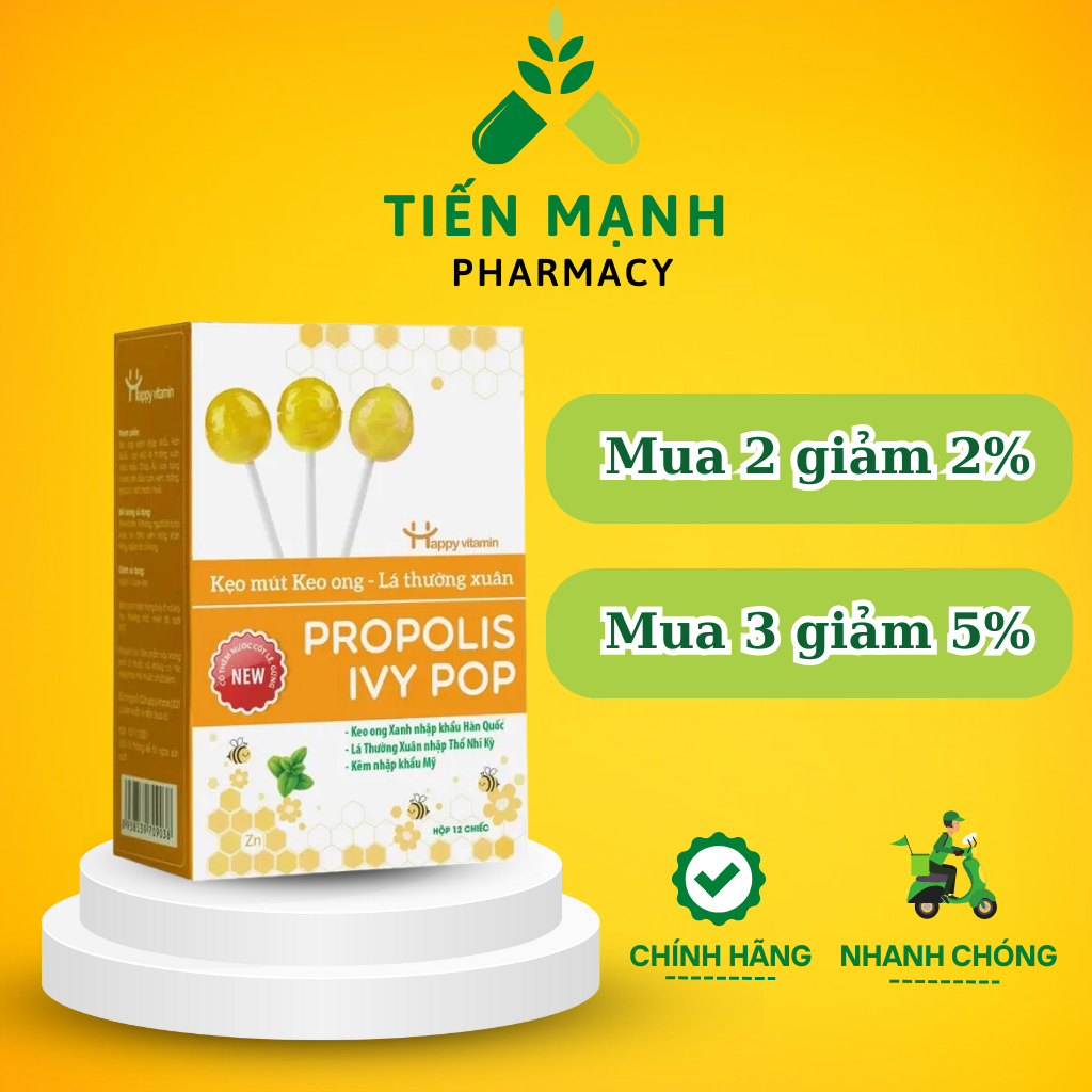 Kẹo mút Keo Ong Lá thường xuân - Hỗ trợ giảm ho dành cho trẻ - Hộp 12 cái - Nhà thuốc Tiến Mạnh