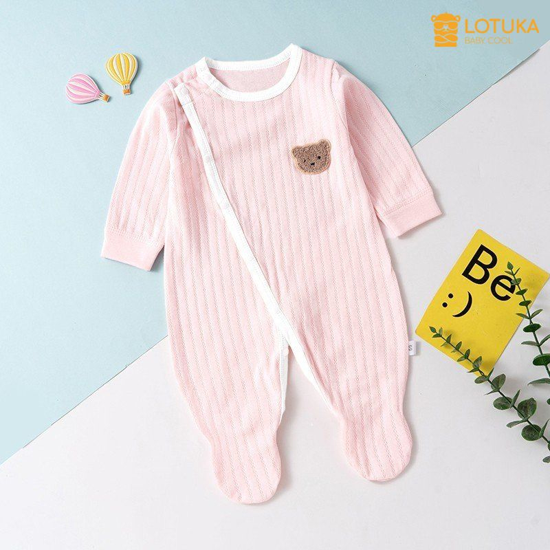Bodysuit Dài Tay LOTUKA Đính Gấu Đáng Yêu Cho Bé 3-12kg, Bộ Đồ Liền Thân Buộc Dây Chất Cotton Thông Hơi Cao Cấp