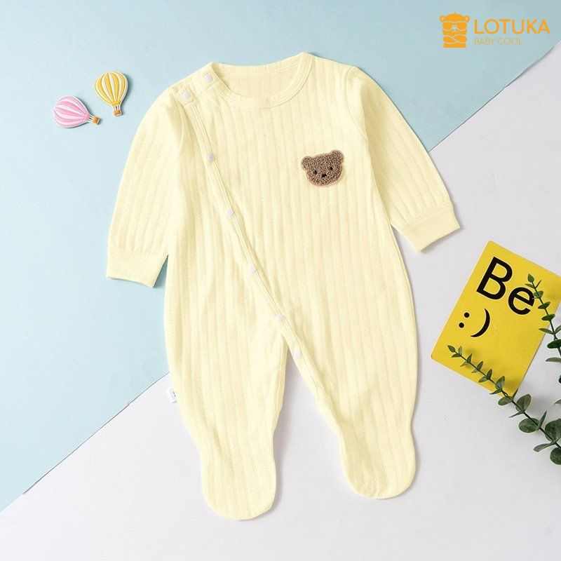 Bodysuit Dài Tay LOTUKA Đính Gấu Đáng Yêu Cho Bé 3-12kg, Bộ Đồ Liền Thân Buộc Dây Chất Cotton Thông Hơi Cao Cấp