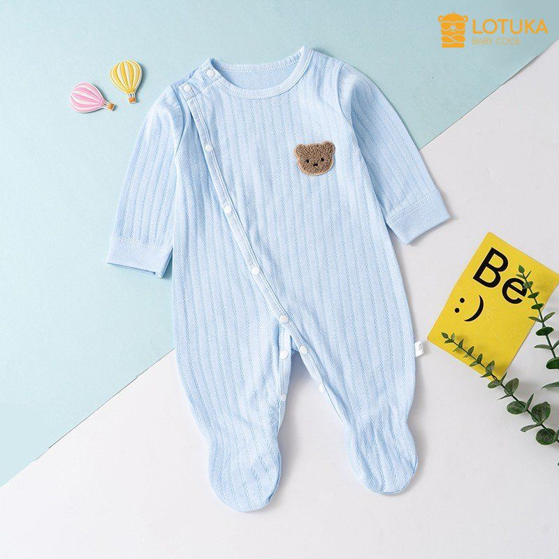 Bodysuit Dài Tay LOTUKA Đính Gấu Đáng Yêu Cho Bé 3-12kg, Bộ Đồ Liền Thân Buộc Dây Chất Cotton Thông Hơi Cao Cấp