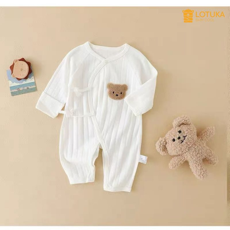 Bodysuit Dài Tay LOTUKA Đính Gấu Đáng Yêu Cho Bé 3-12kg, Bộ Đồ Liền Thân Buộc Dây Chất Cotton Thông Hơi Cao Cấp