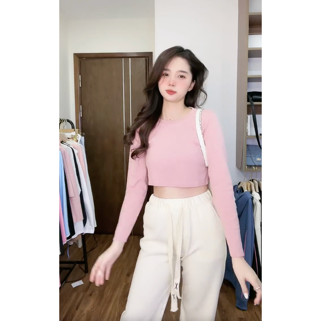 Áo croptop bozip dài tay cổ tròn nhiều màu peonyb nữ - Thun kiểu dáng ôm body bánh bèo tiểu thư hotgirl năng động đẹp