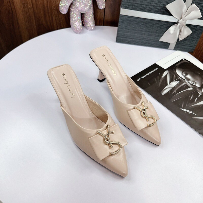 Dép sục nữ cao gót mũi nhọn da lì Y s gót nhọn 7p 3 màu