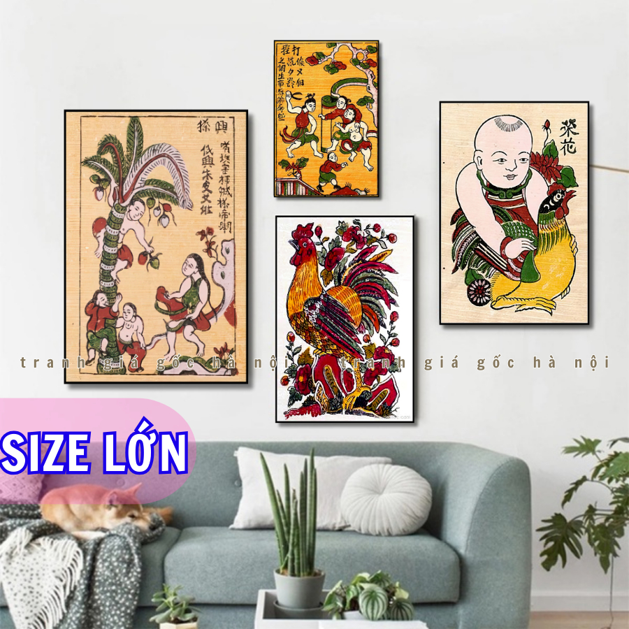 Tranh dân gian Đông Hồ vải Canvas đã có khung cao cấp tặng kèm đinh treo 3 chân nhiều mẫu - Làm theo yêu cầu