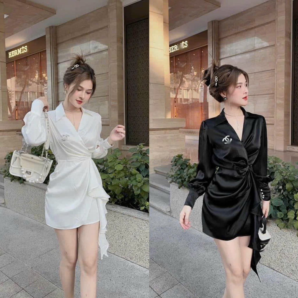 Đầm váy nữ lụa phi tay dài cổ bẻ họa tiết đính logo tà eo với 2 tone màu sang chảnh, quý phái cho các nàng đi dự tiệc