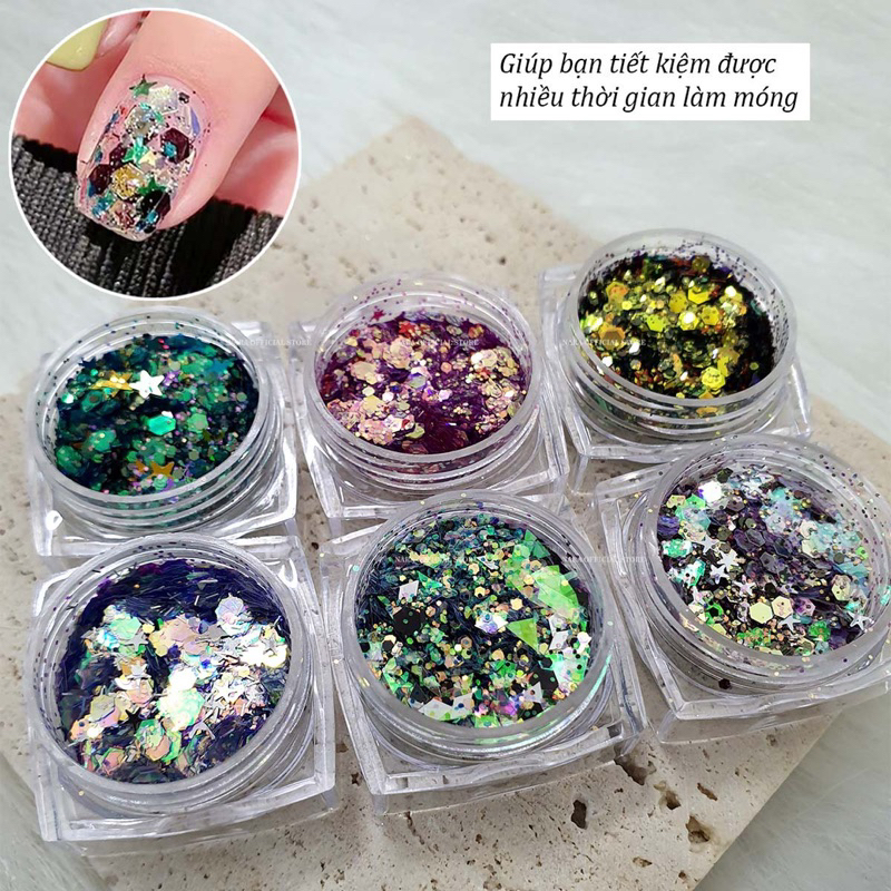Sét nhũ mix 6 màu - sét nhũ 6 hũ lấp lánh nhũ ẩn nail - Nhũ làm móng cao cấp - Phụ kiện nail chuyên dụng