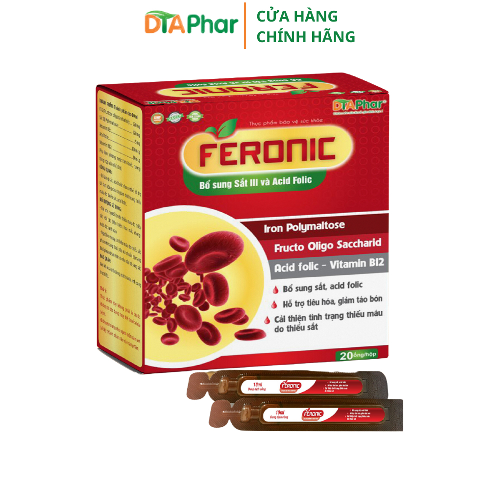 Hộp 20 ống Feronic Bổ sung sắt II bổ sung Sắt, hỗ trợ tiêu hóa, giảm táo bón, cải thiện tình trạng thiếu máu