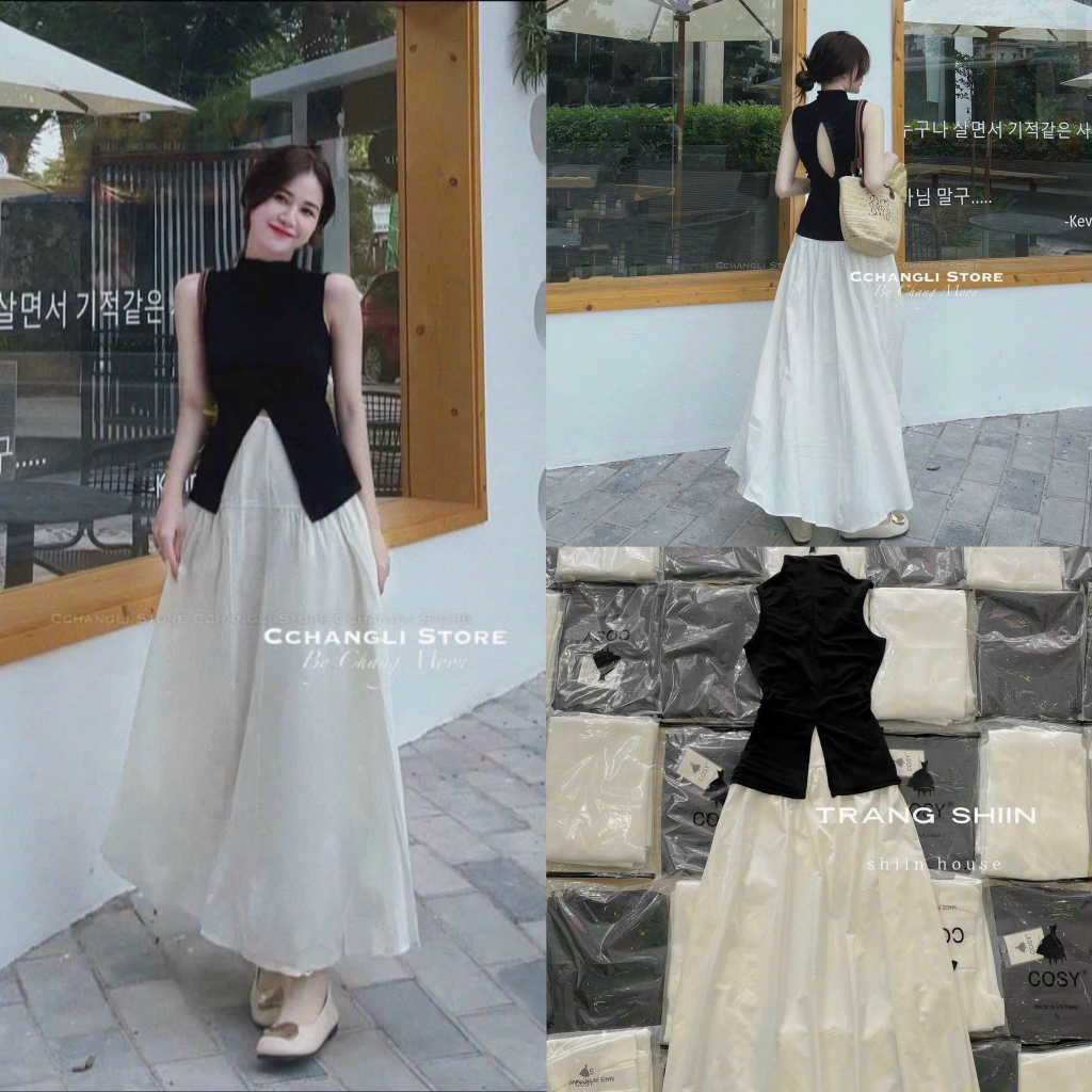 Set váy nữ tiểu thư áo gân xẻ tà họa tiết khoét lưng phối chân váy lụa xòe thân dài xinh xắn phù hợp đi dự tiệc, đi biển