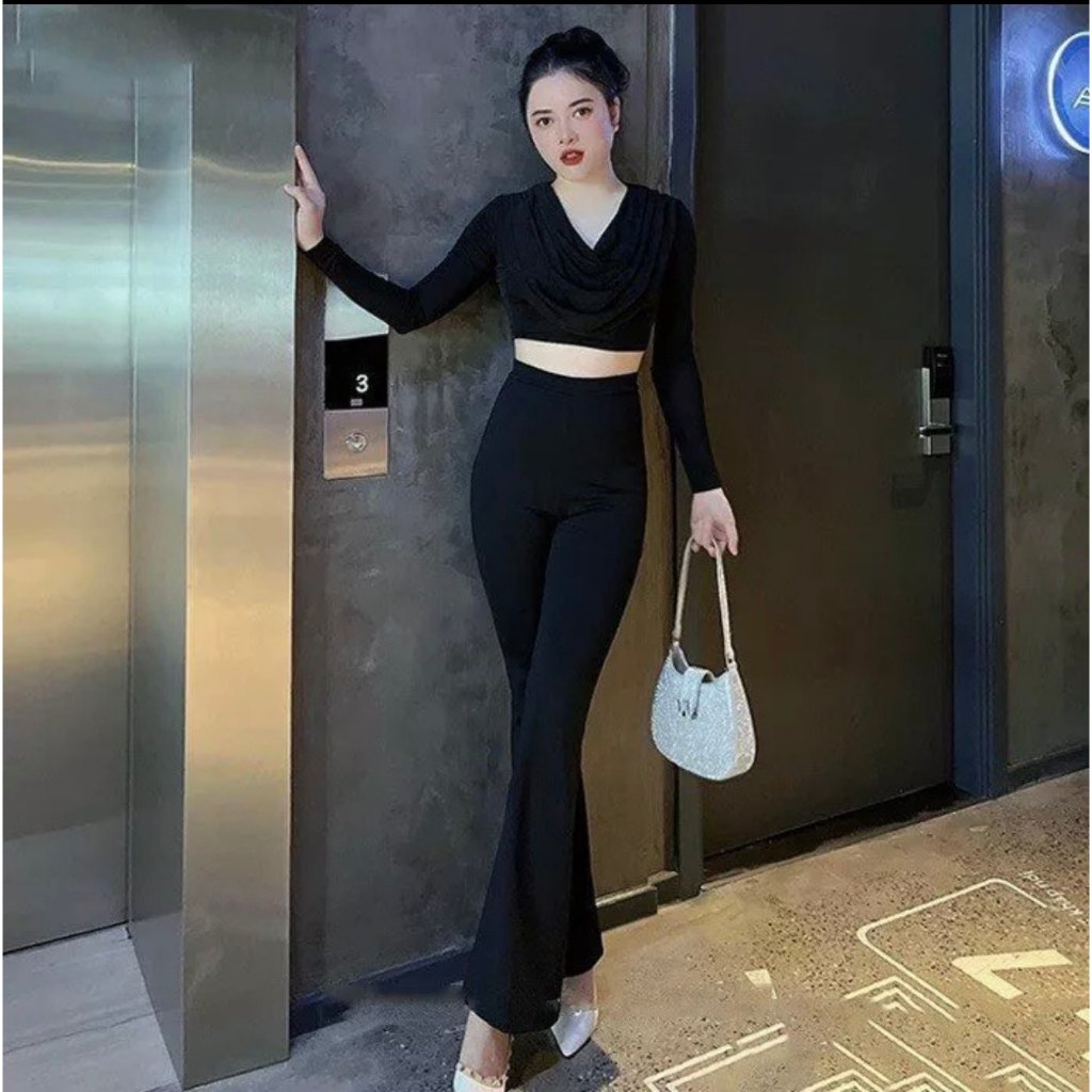 Quần Ống Loe, Chất liệu vải Umi Lưng Cao Công Sở Đi Học Đẹp Ống Vẩy Legging Co Giãn-M148