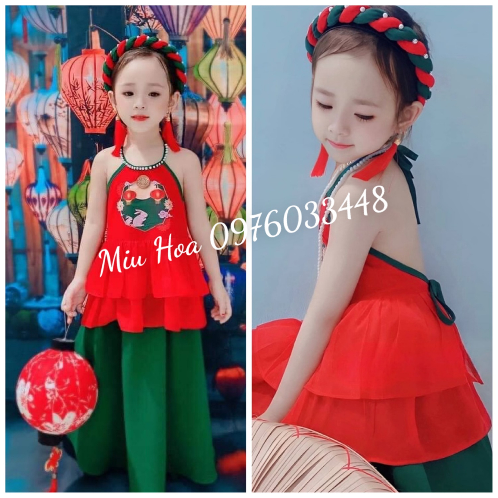 Váy yếm bé gái trung thu in hình sư tử, yếm trung thu bé gái