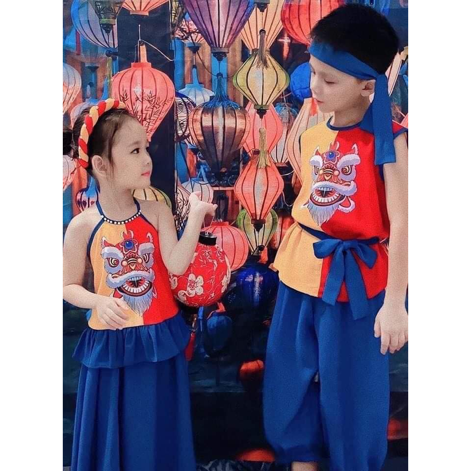 Váy yếm bé gái trung thu in hình sư tử, yếm trung thu bé gái