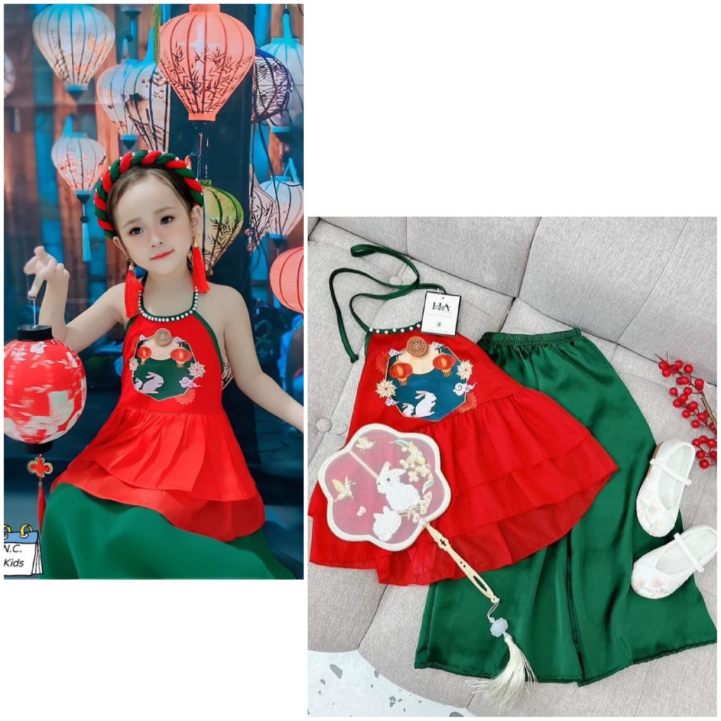 Váy yếm bé gái trung thu in hình sư tử, yếm trung thu bé gái