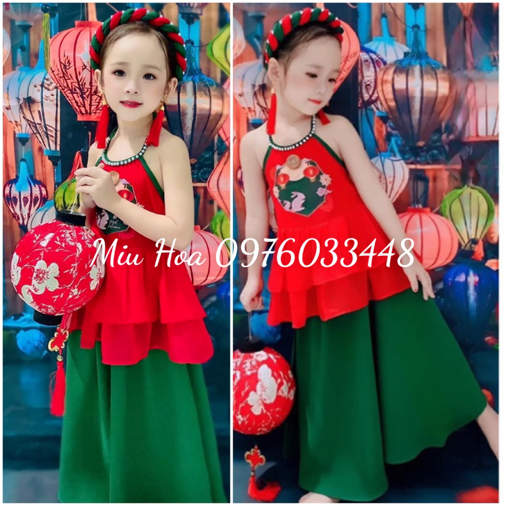 Váy yếm bé gái trung thu in hình sư tử, yếm trung thu bé gái