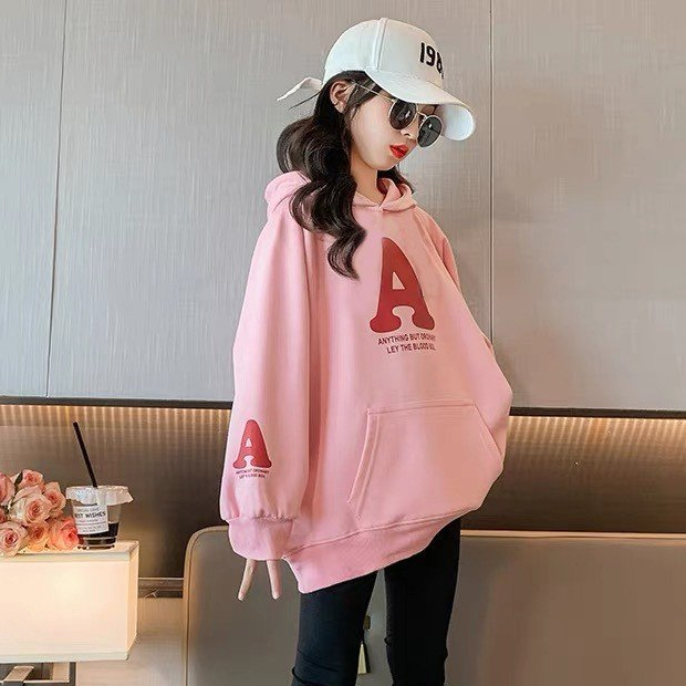 Áo hoodie bé gái Con Xinh phom rộng nỉ hình in chữ A cho bé từ 14-48kg