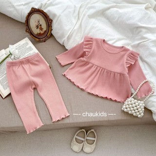  Bộ thu đông bé gái set bộ tăm lạnh áo dáng baby doll bèo vai kèm quần cho bé 