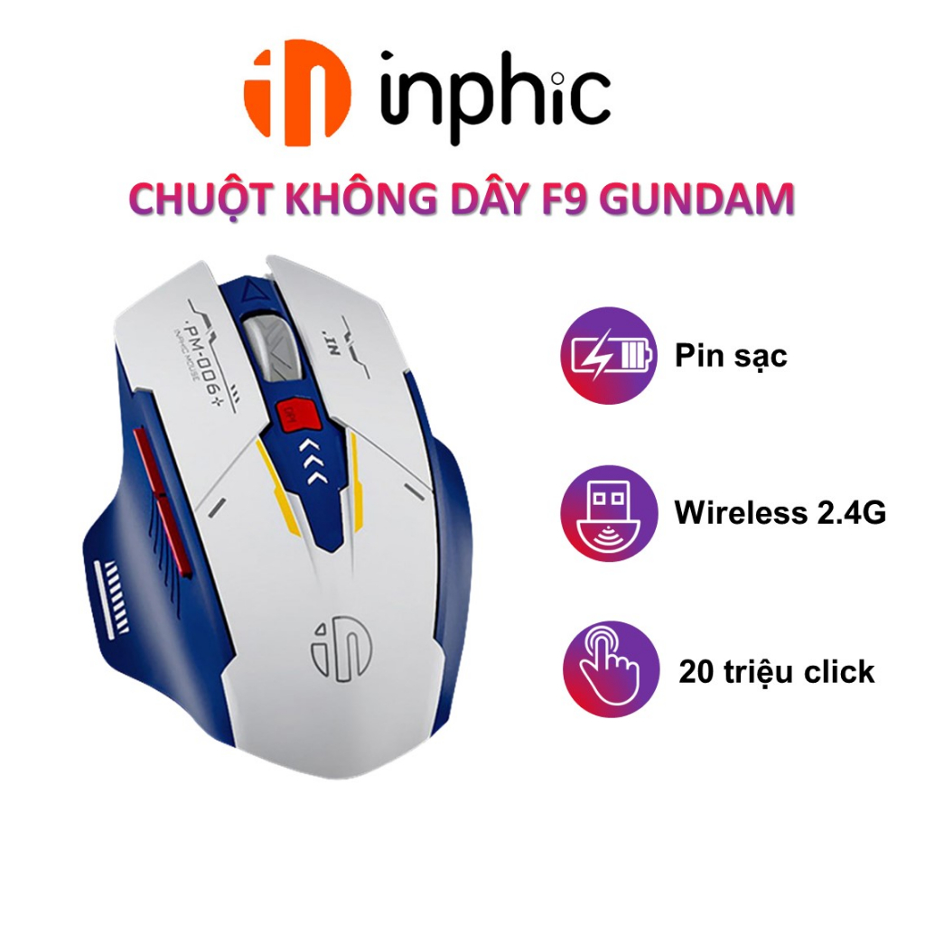 Chuột máy tính không dây Yindiao INPHIC F9 GUNDAM gaming công thái học silent chống ồn 6 nút điều chỉnh DPI pin sạc