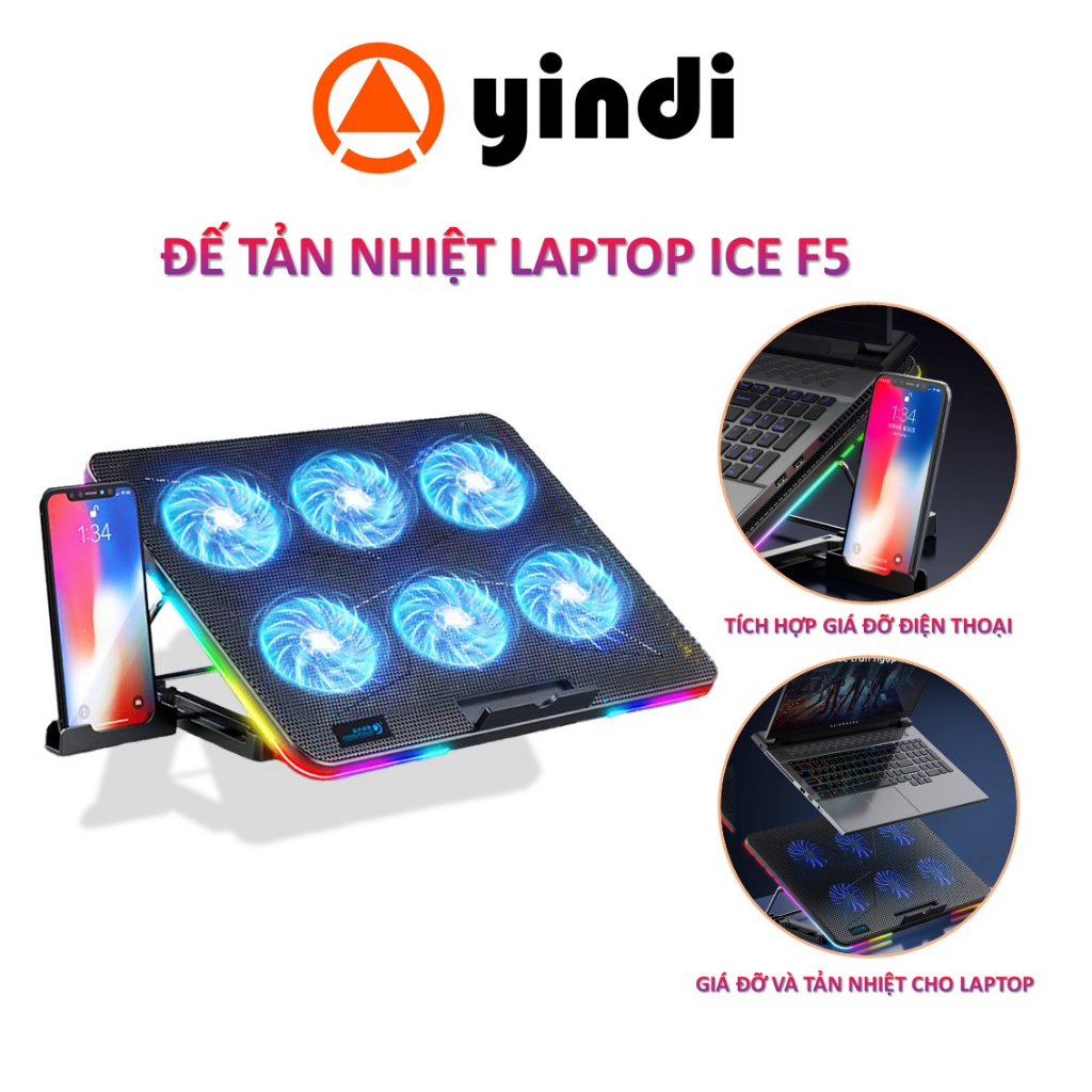 Đế tản nhiệt laptop gaming ICE F5 6 cánh quạt tản nhiệt làm mát nhanh LED RGB đa sắc