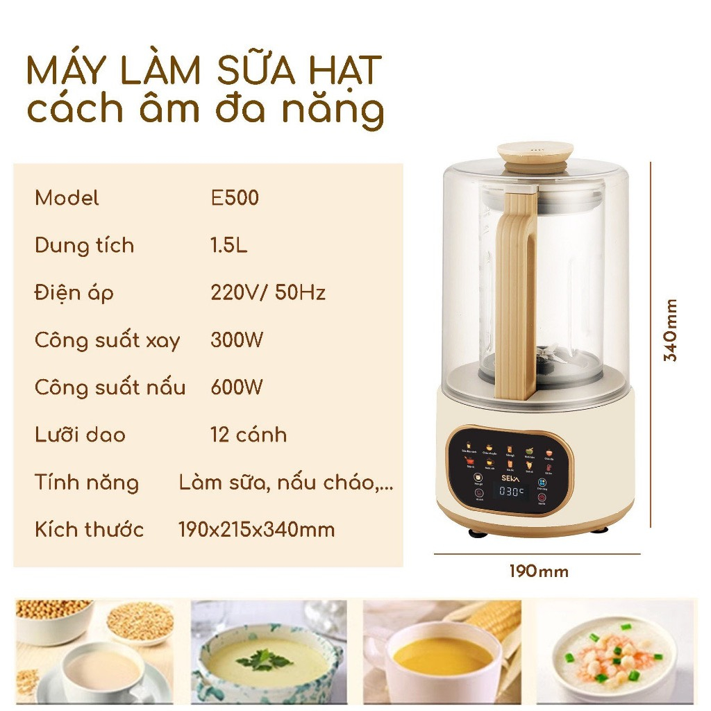 Máy làm sữa hạt cách âm chống ồn đa năng Seka E500 công suất 600w Bảo hành 2 năm