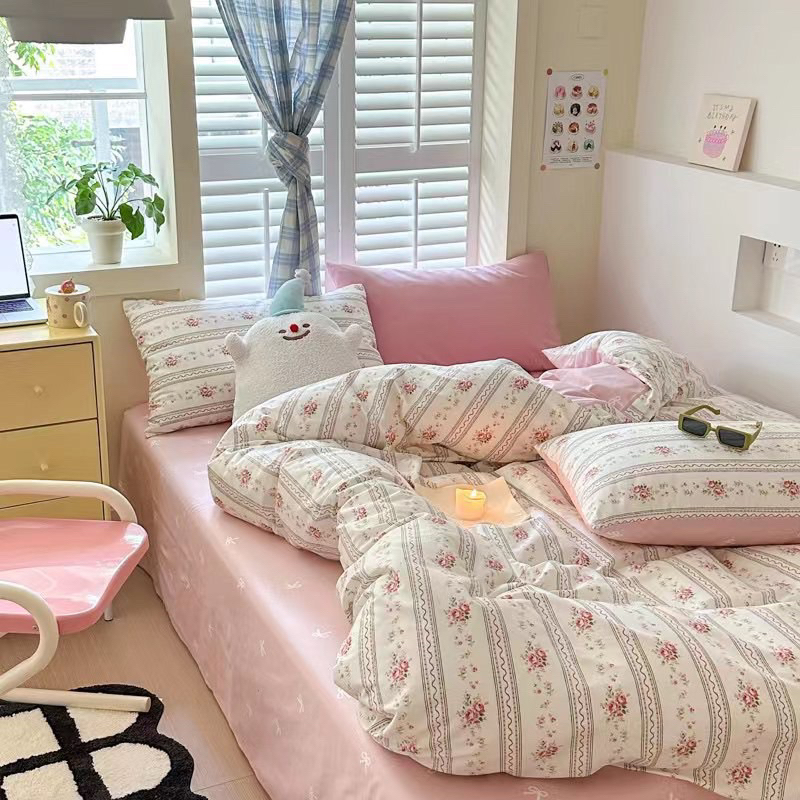 Set chăn ga cotton living hoa hồng nhí