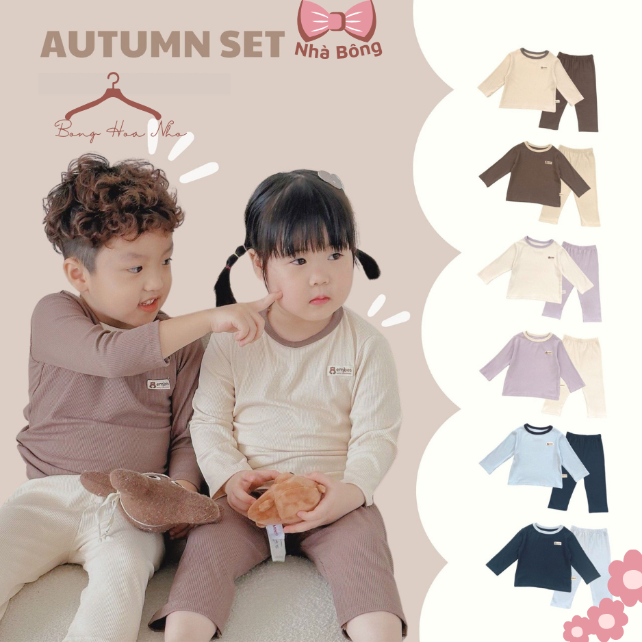 Bộ quần áo thu đông cho bé trai bé gái Embes, chất liệu thun tăm cho bé từ 9kg đến 19kg