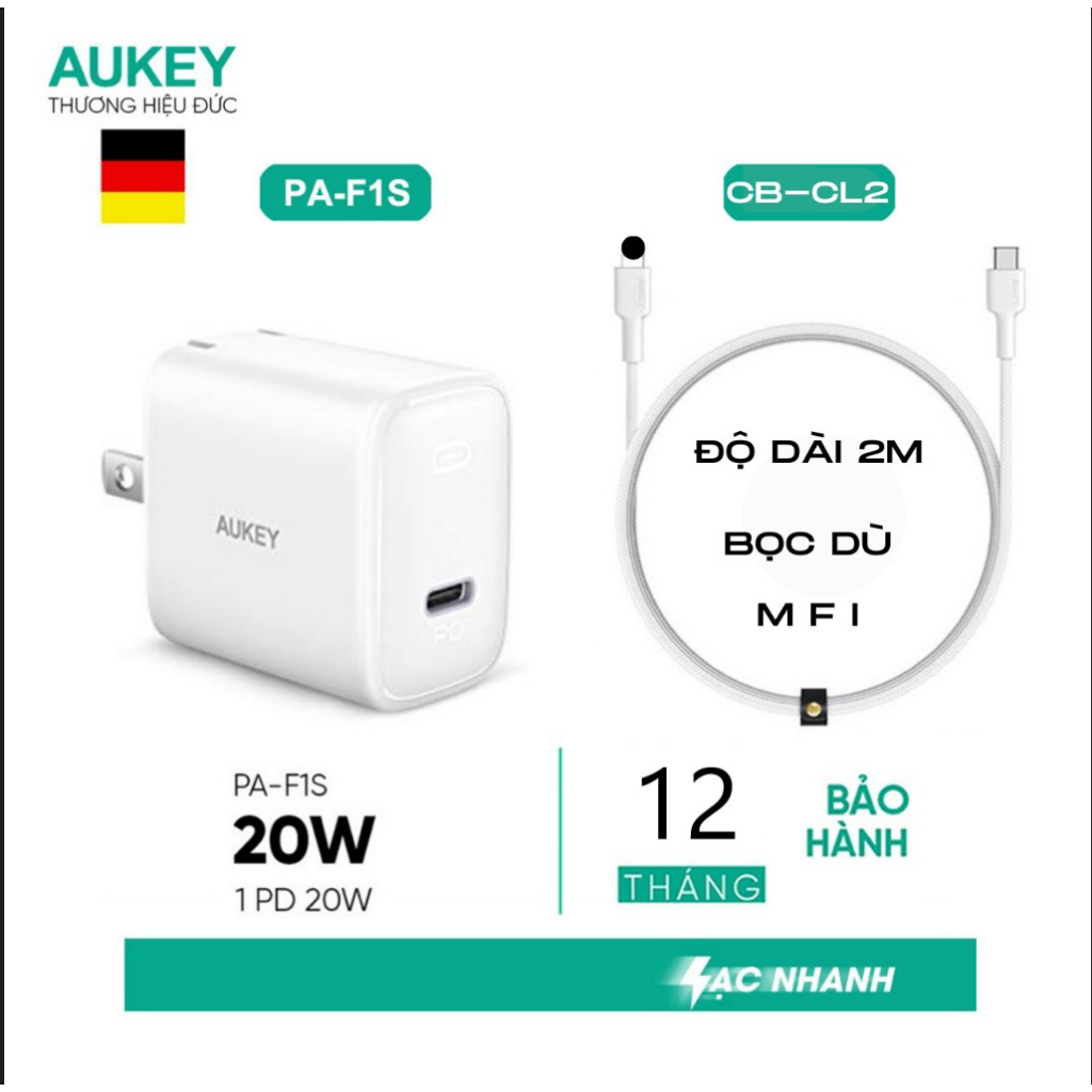 Bộ Củ Sạc Nhanh Aukey Pa - F1S 20W Usb C Trợ Cục Sạc - Cục Kèm Dây Type C Mfi 14 13 12Promax 11 Xr Xs 8 Plus - Hshop